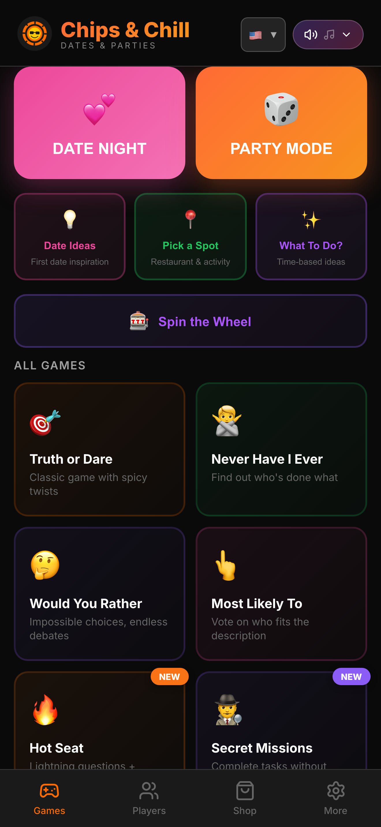 Chips & Chill home screen with game modes