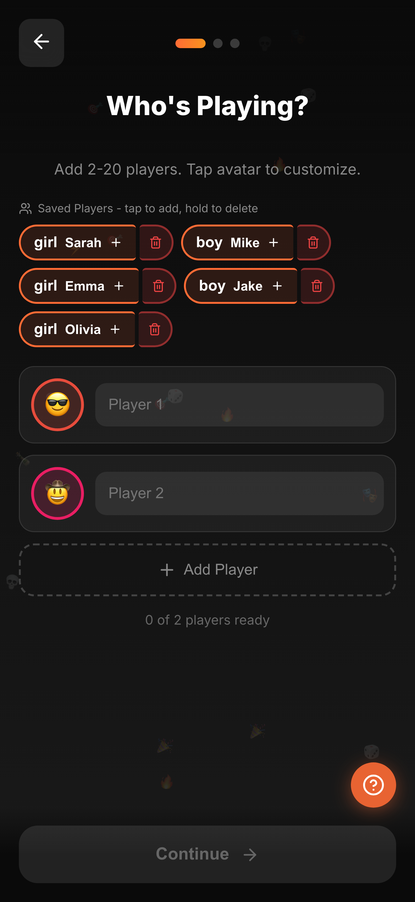 Party setup screen in Chips & Chill